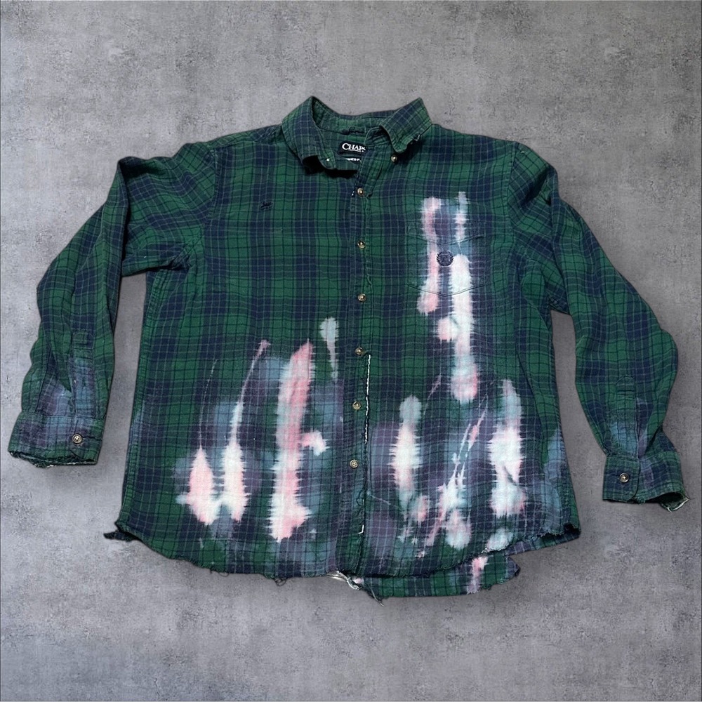 DIY Upcycled Chaps Bleached Flannel Shirt Tie Dye Acid‎ Wash Plaid L